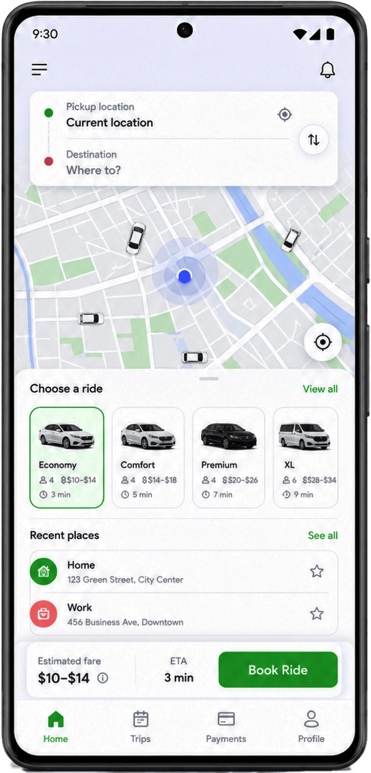 Ride sharing app screen